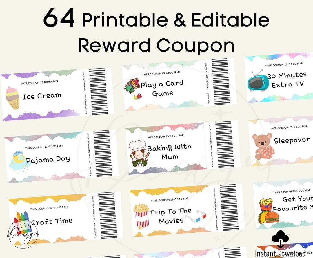 Printable Kids Reward Coupons Editable Reward Coupons Pre Filled Rewards Coupons Blank Editable Template Good Behavior Love Coupons