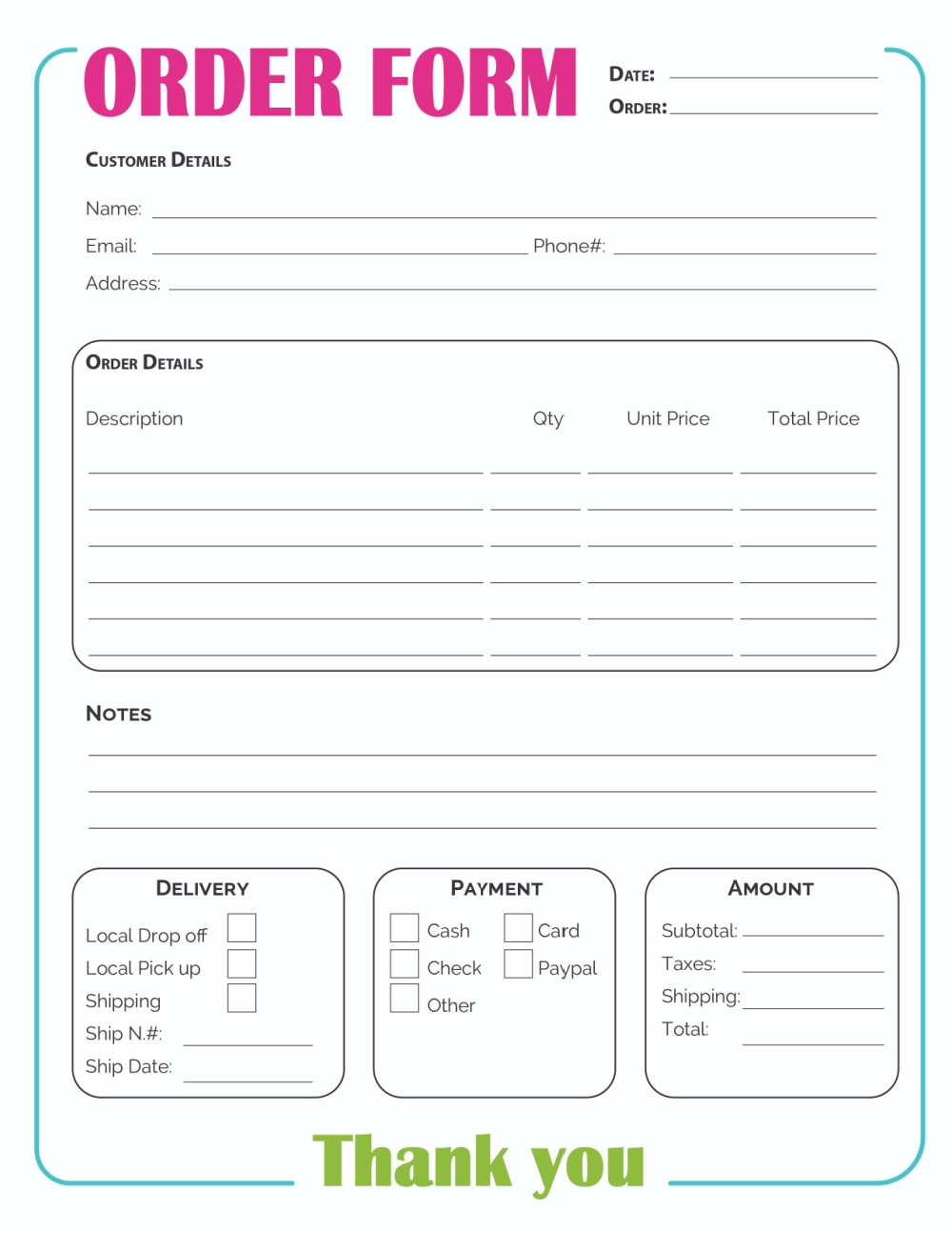 Printable Order Form Template 2 Options 