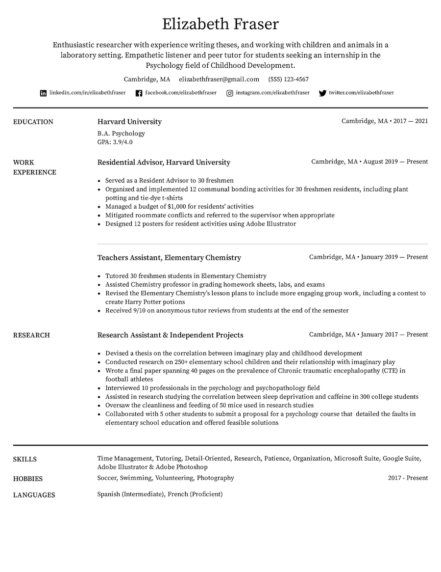 Resume Printable Templates Free For Students