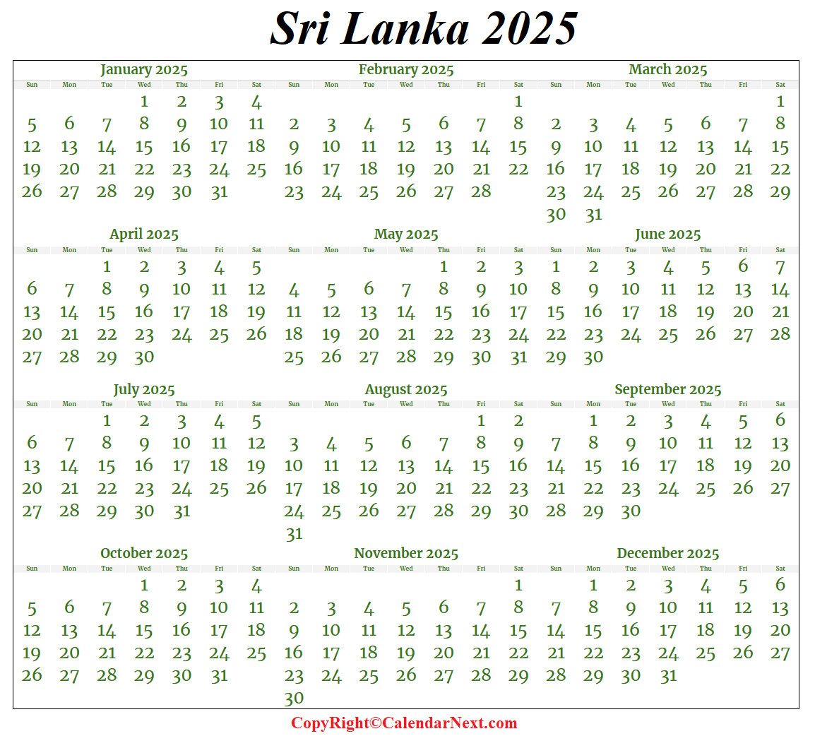 Printable Sri Lanka 2025 Calendar Template With Holidays Printable Sri Lanka 2025 Calendar Template With Holidays