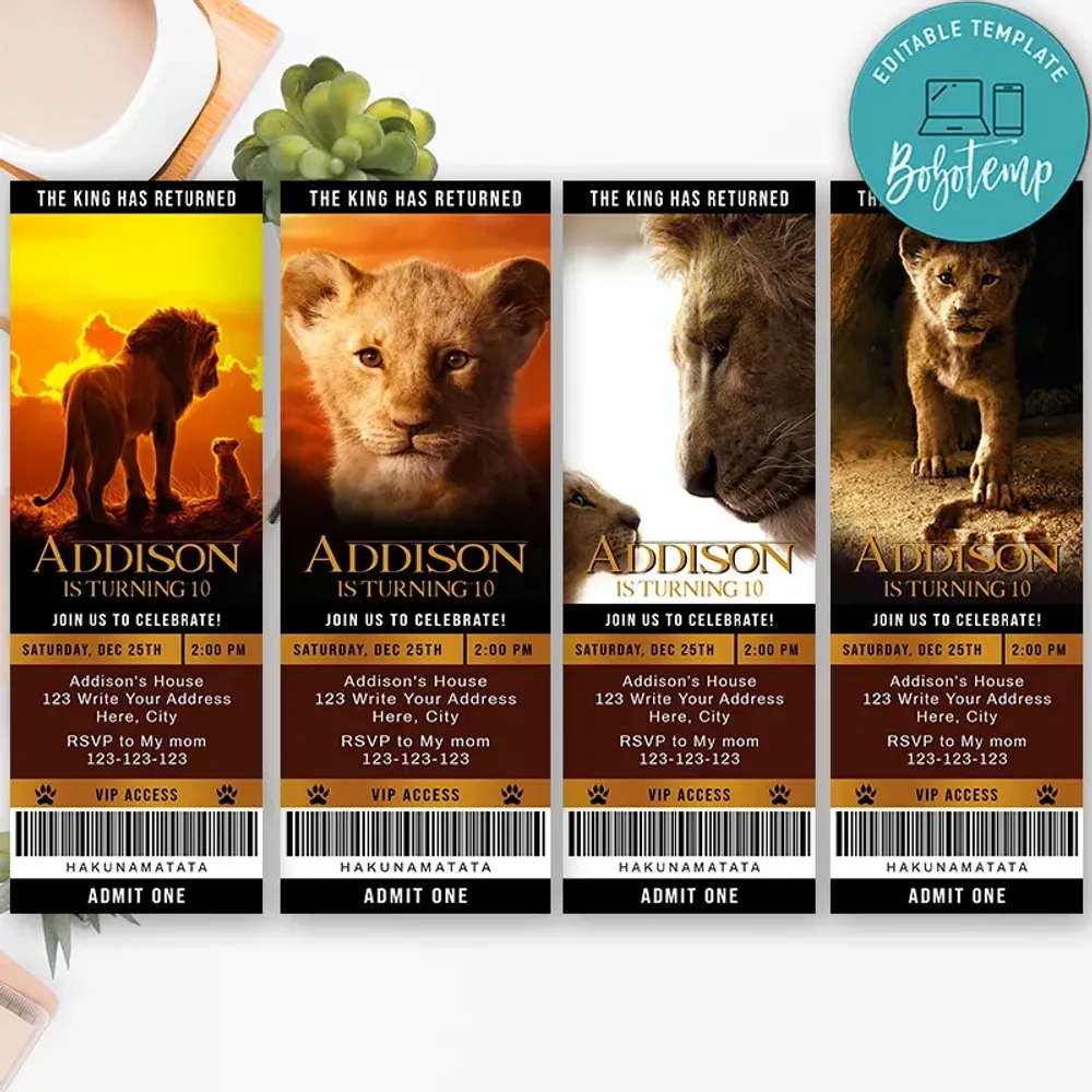 Printable The Lion King Movie Ticket Birthday Flyer DIY Bobotemp