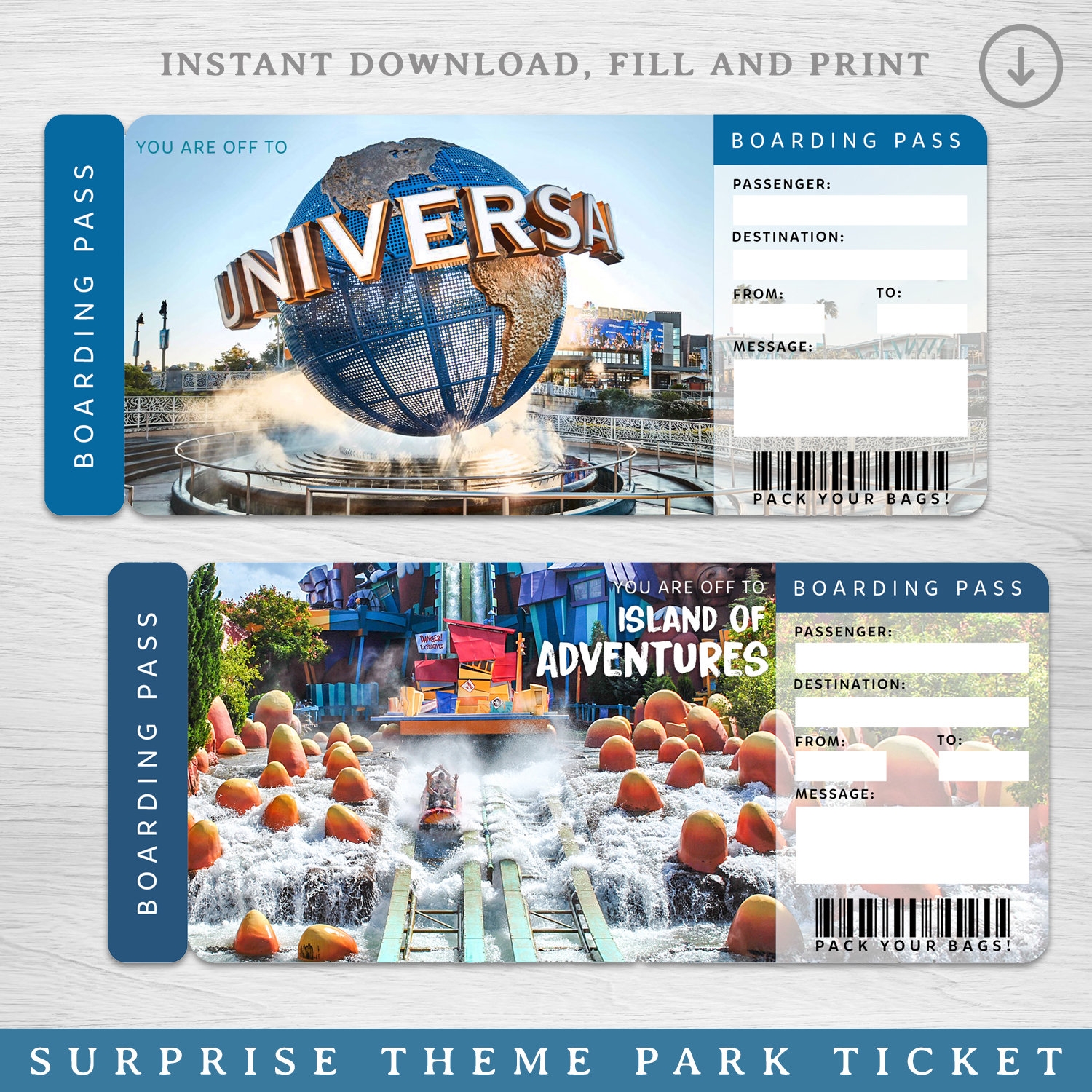 Printable UNIVERSAL STUDIOS Surprise Trip Ticket Universal Gift 