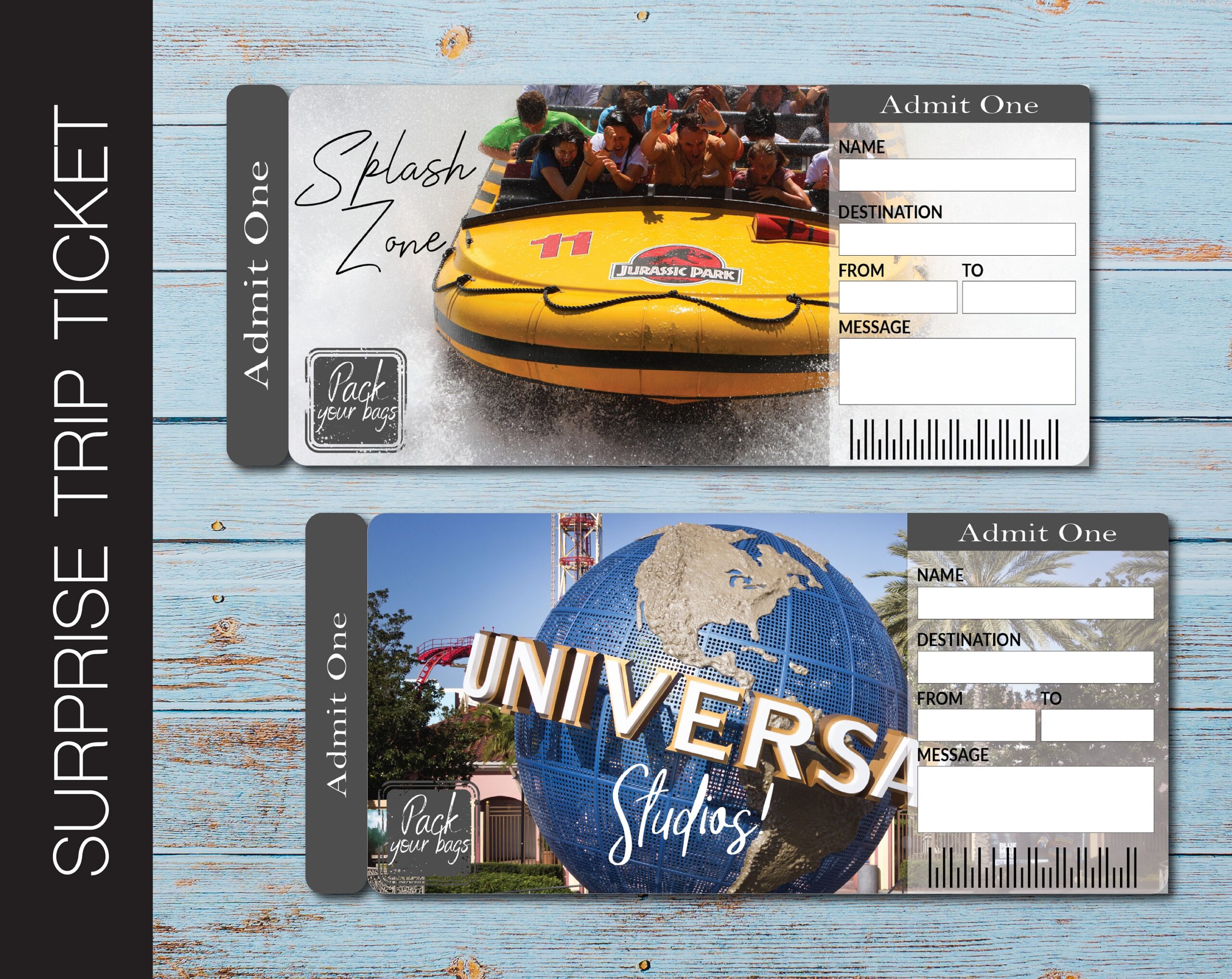 Printable UNIVERSAL STUDIOS Surprise Trip Tickets Vacation Ticket 