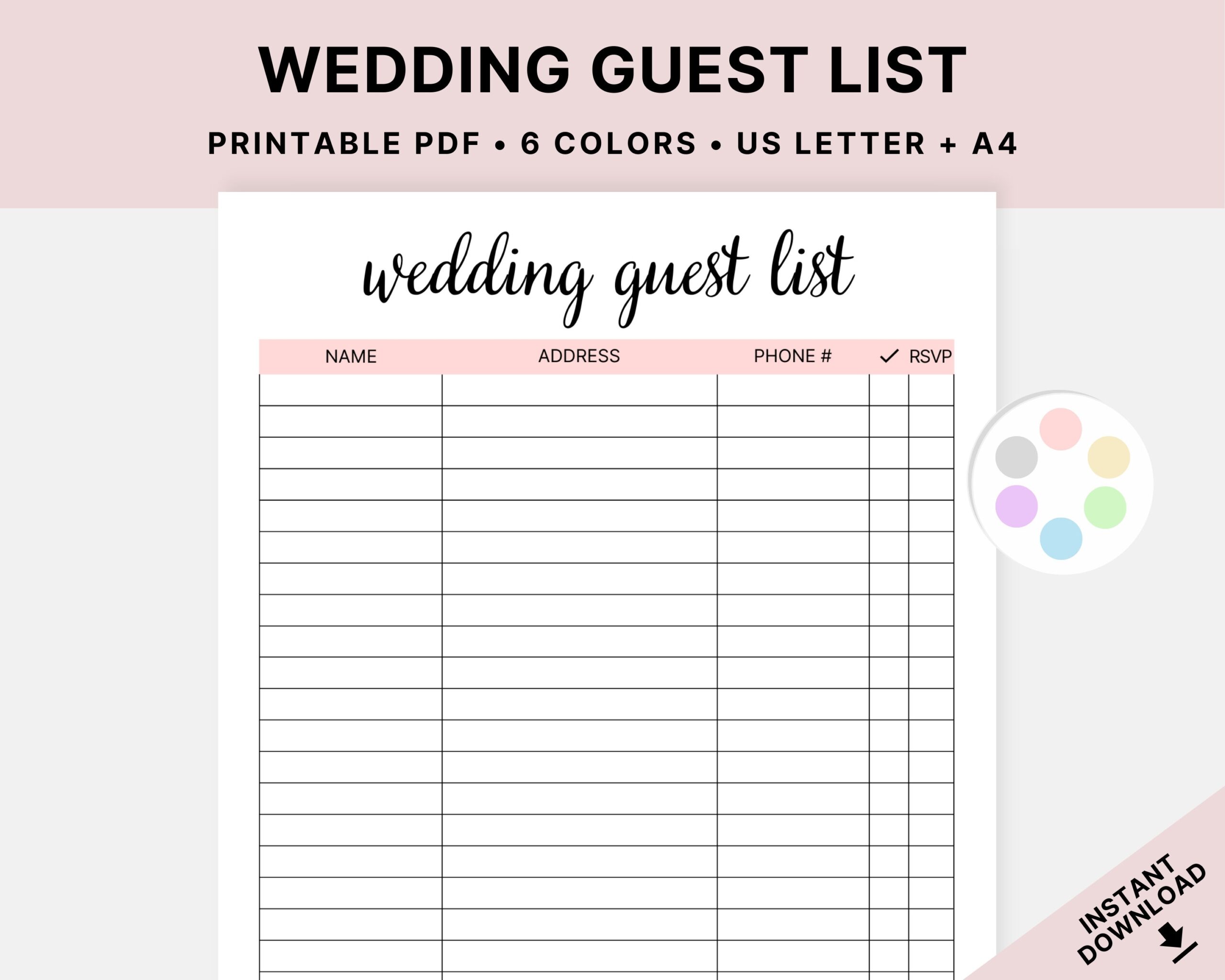 Printable Wedding Guest List Wedding Planner Event Planning Guest Tracker Print At Home Instant Download PDF US Letter A4 Etsy