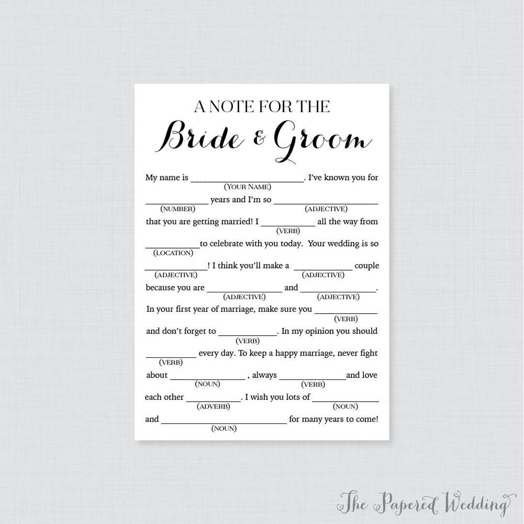 Printable Wedding Mad Libs Black And White Wedding Mad Libs Cards For Advice Simple Elegant Calligraphy Wedding Reception Activity 0005 Etsy