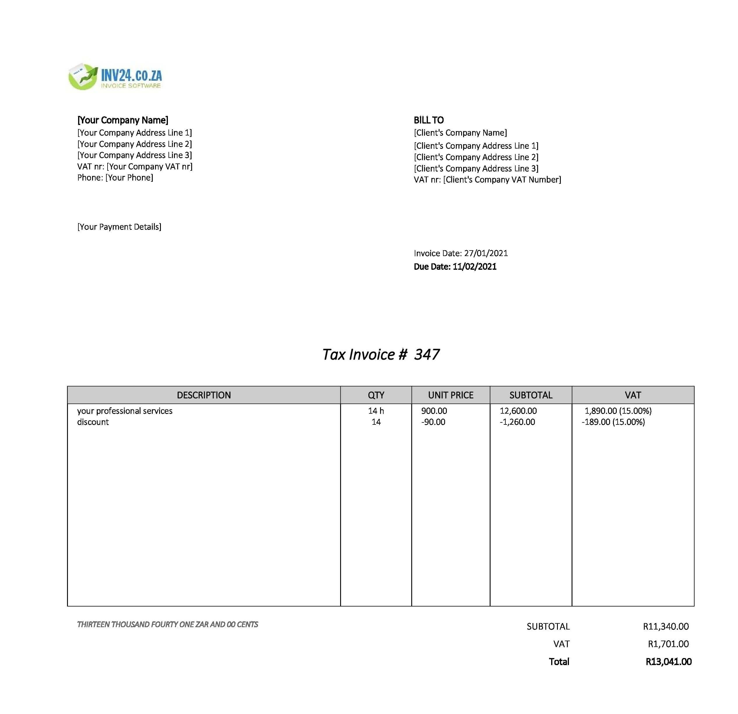 Professional Invoice Template South Africa Excel Google Sheets 
