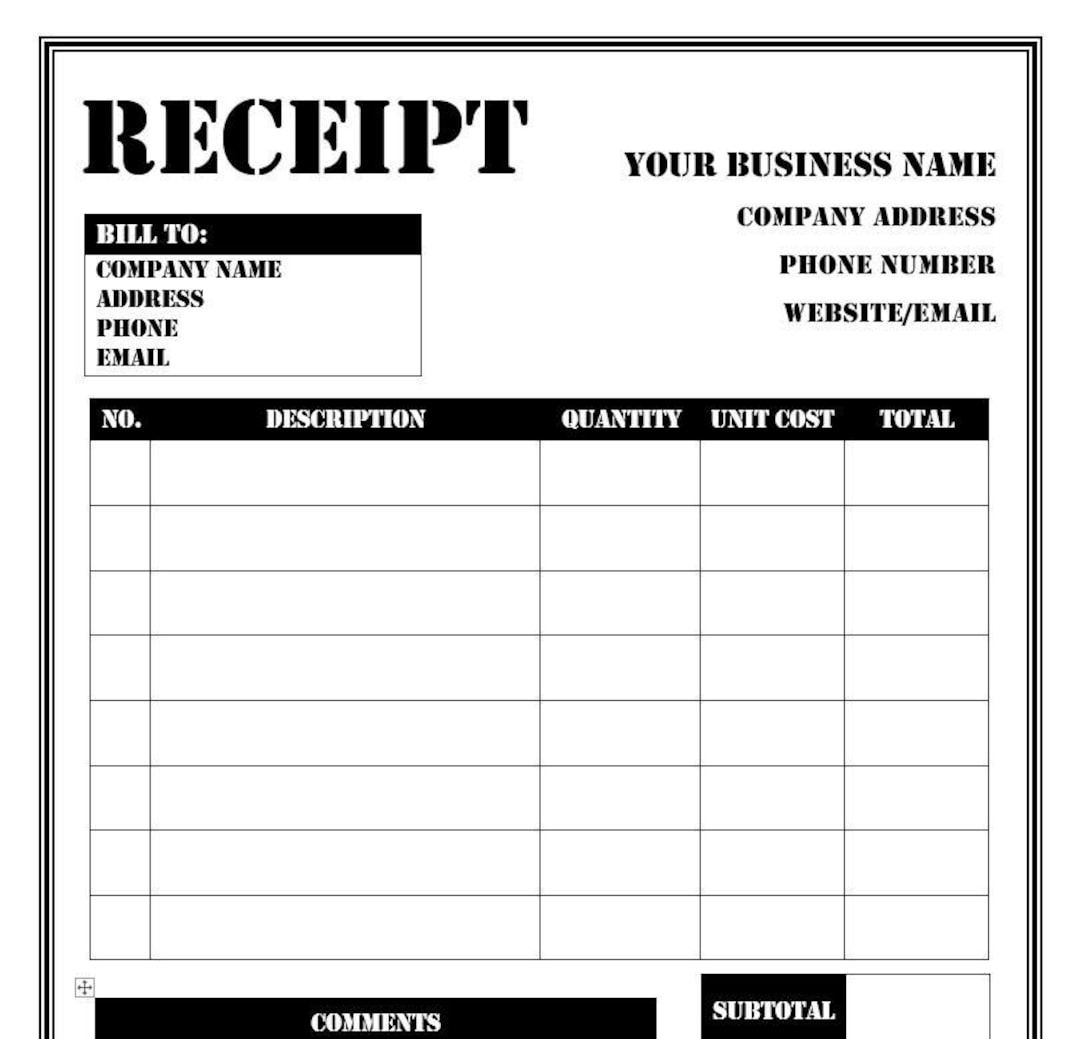 Receipt Template 4 Printable Editable Customizable Microsoft Word Template Black And White Etsy UK Receipt Template 4 Printable Editable Customizable Microsoft Word Template Black And White Etsy UK