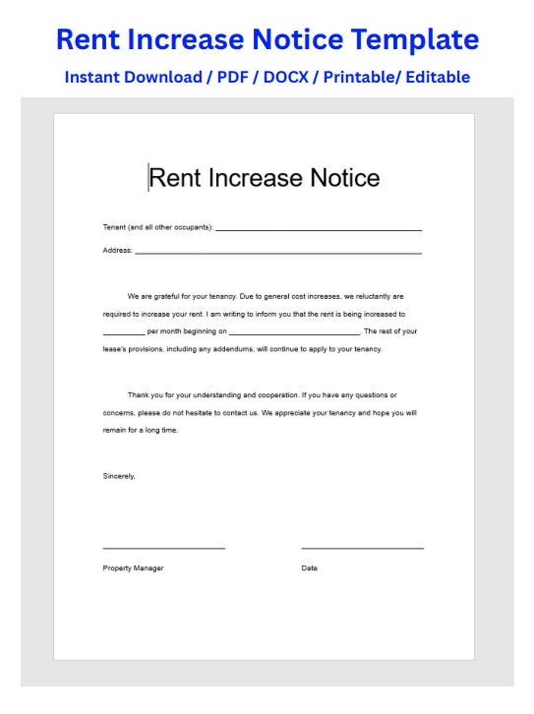 Rent Increase Notice Rent Increase Form Rent Increase Letter Rent Increase Template Printable Editable PDF DOCX Etsy