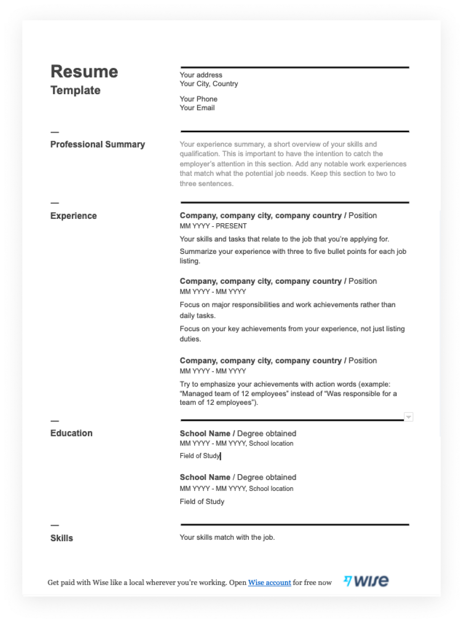 Resume Templates In MS Word Free For Download Wise