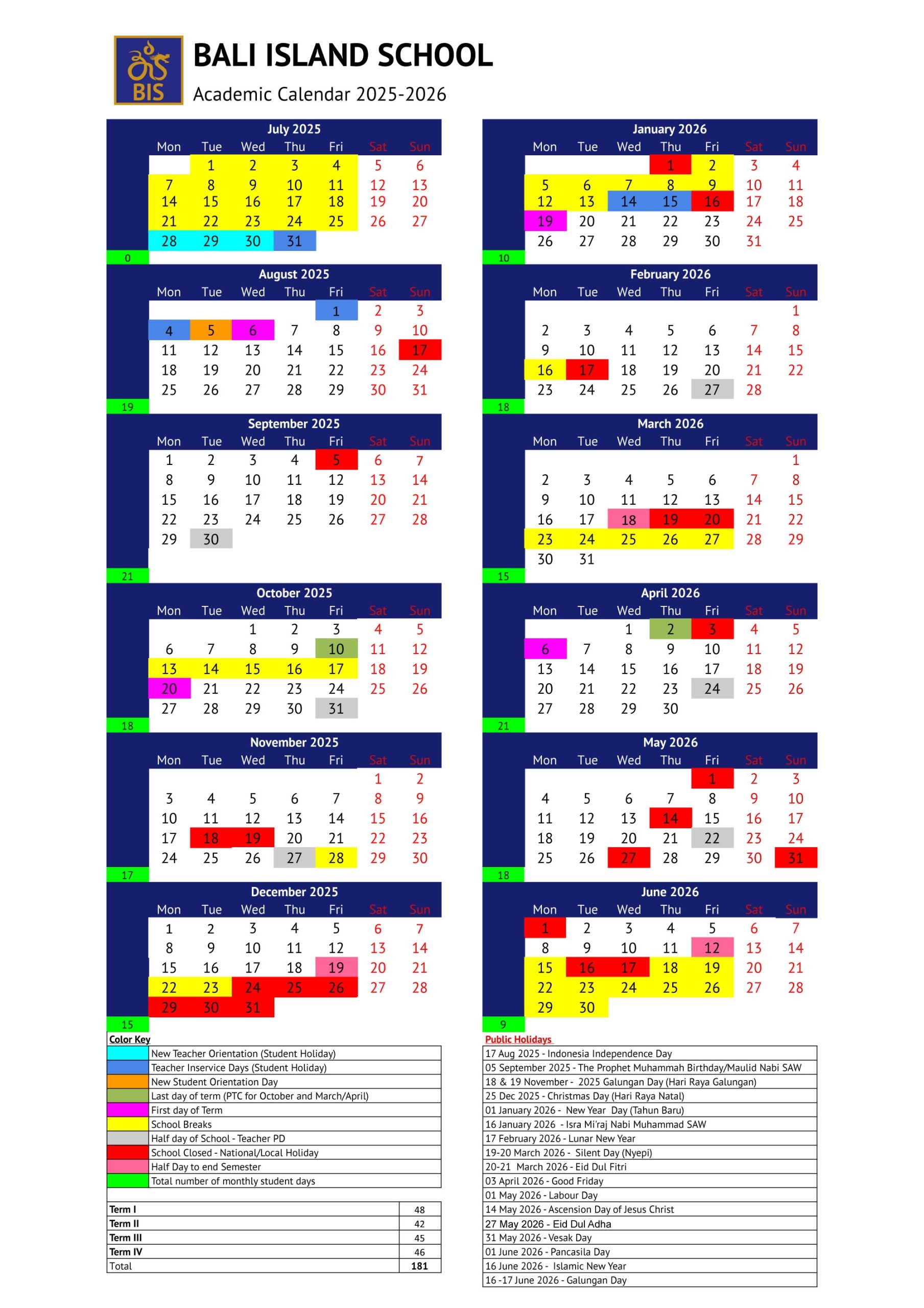 School Calendar 2025 2026 Bali Island School