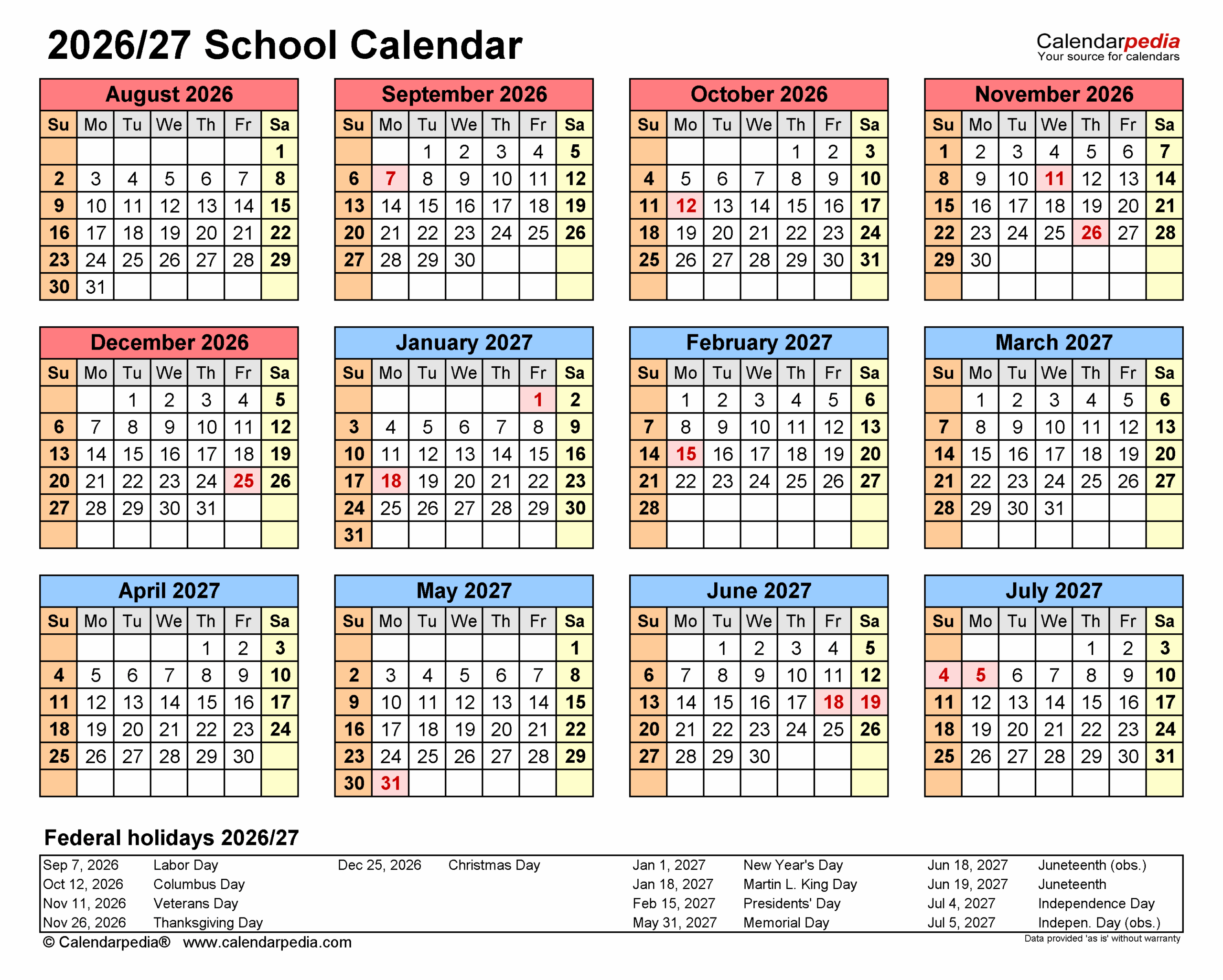 School Calendars 2026 2027 Free Printable PDF Templates School Calendars 2026 2027 Free Printable PDF Templates