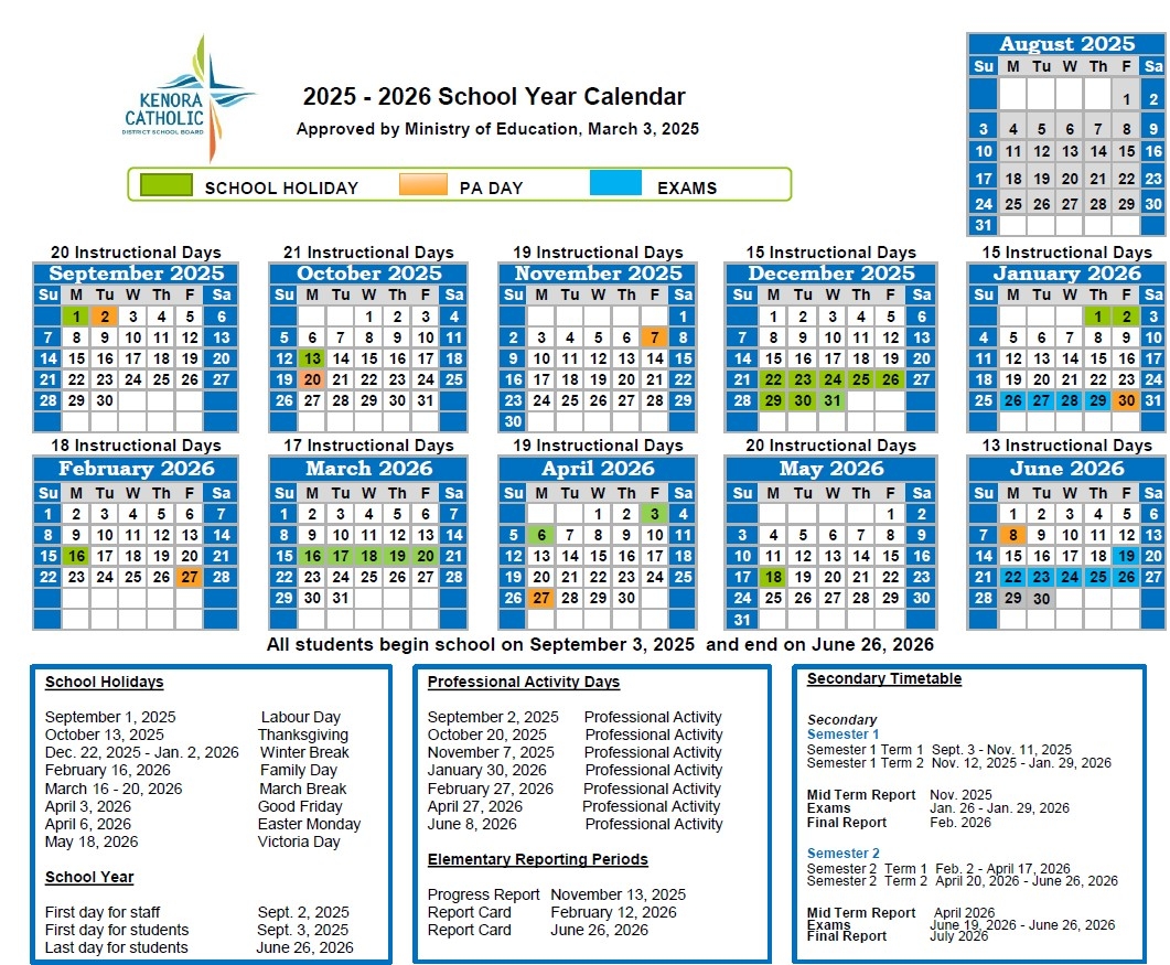 School Year Calendar Kenora Catholic District School Board
