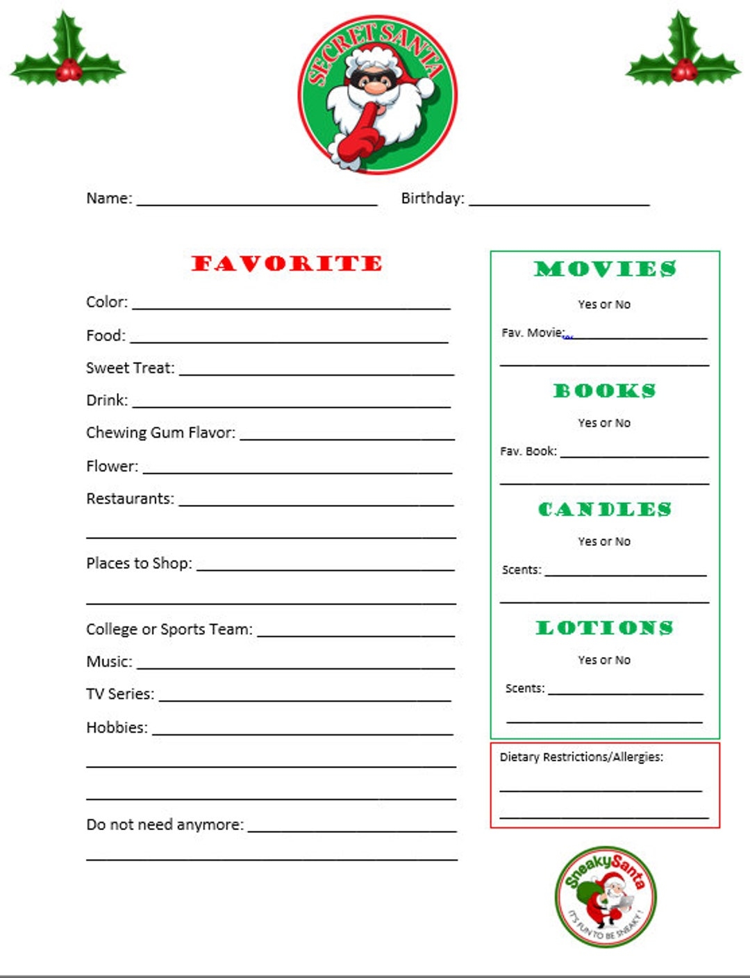 Secret Santa Form Etsy