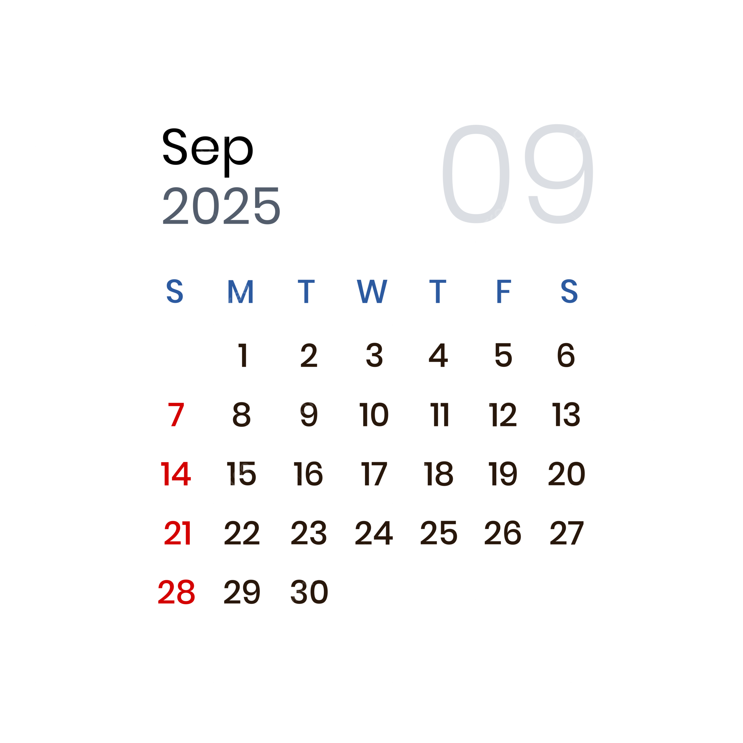 September 2025 Calendar PNG Transparent Images Free Download  September 2025 Calendar PNG Transparent Images Free Download