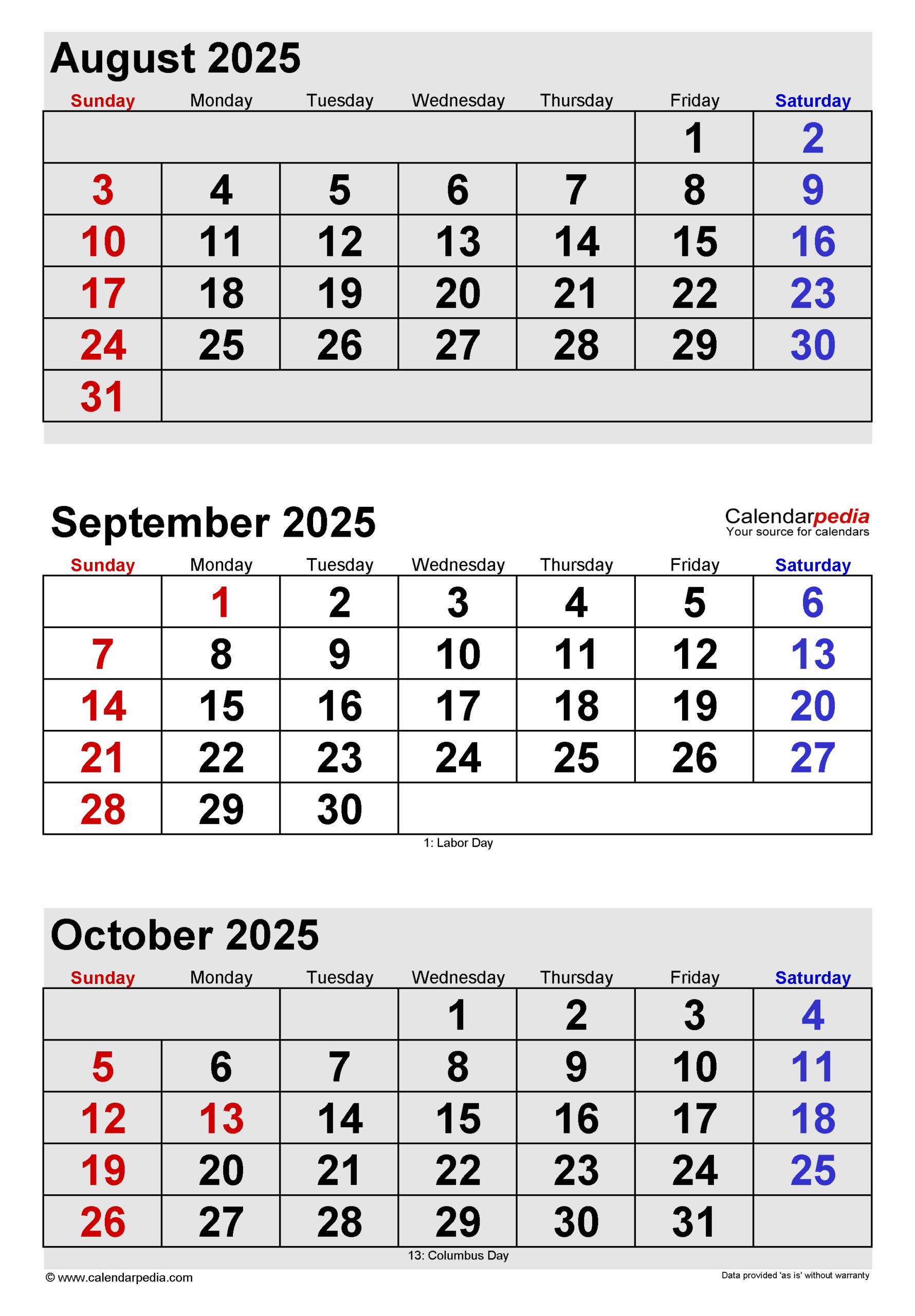 August To October Calendar 2025