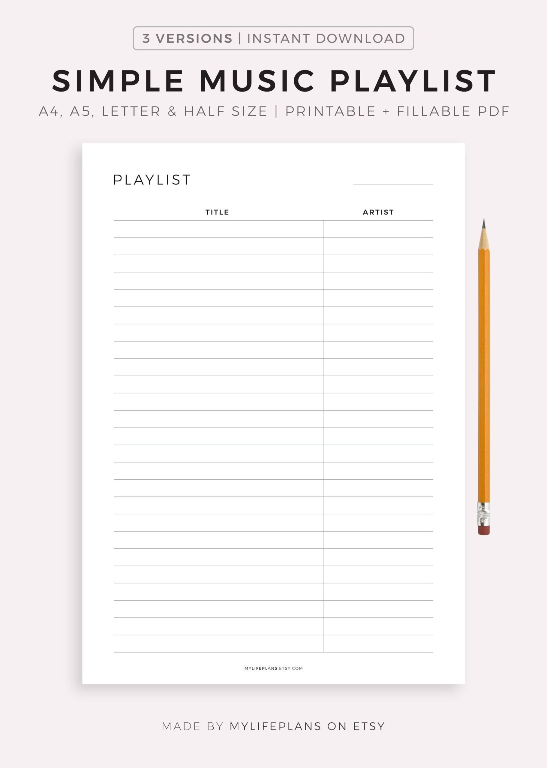 Simple Music Playlist Printable Favorite Songs Fitness Songs 