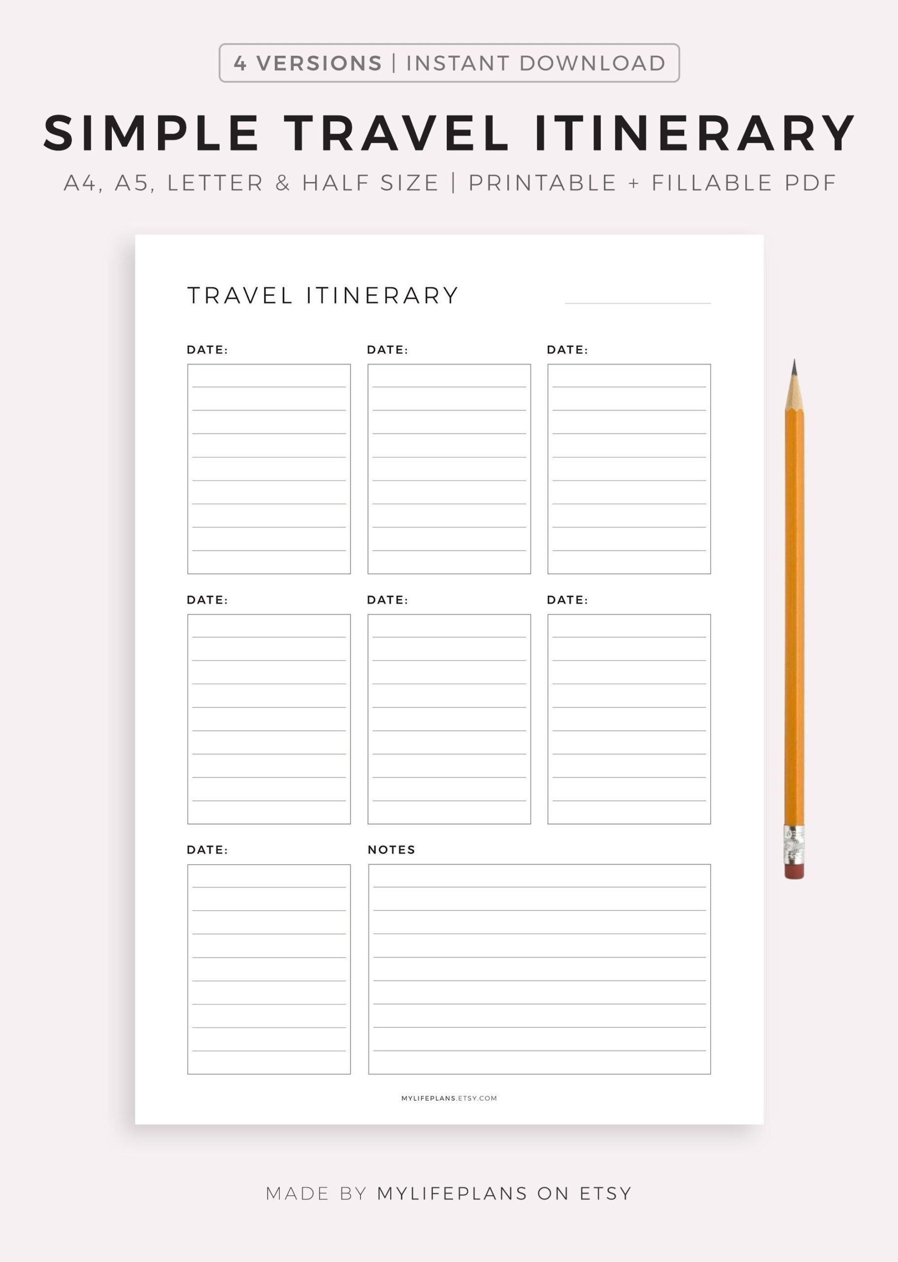 Simple Travel Itinerary Printable Travel Planner Template 