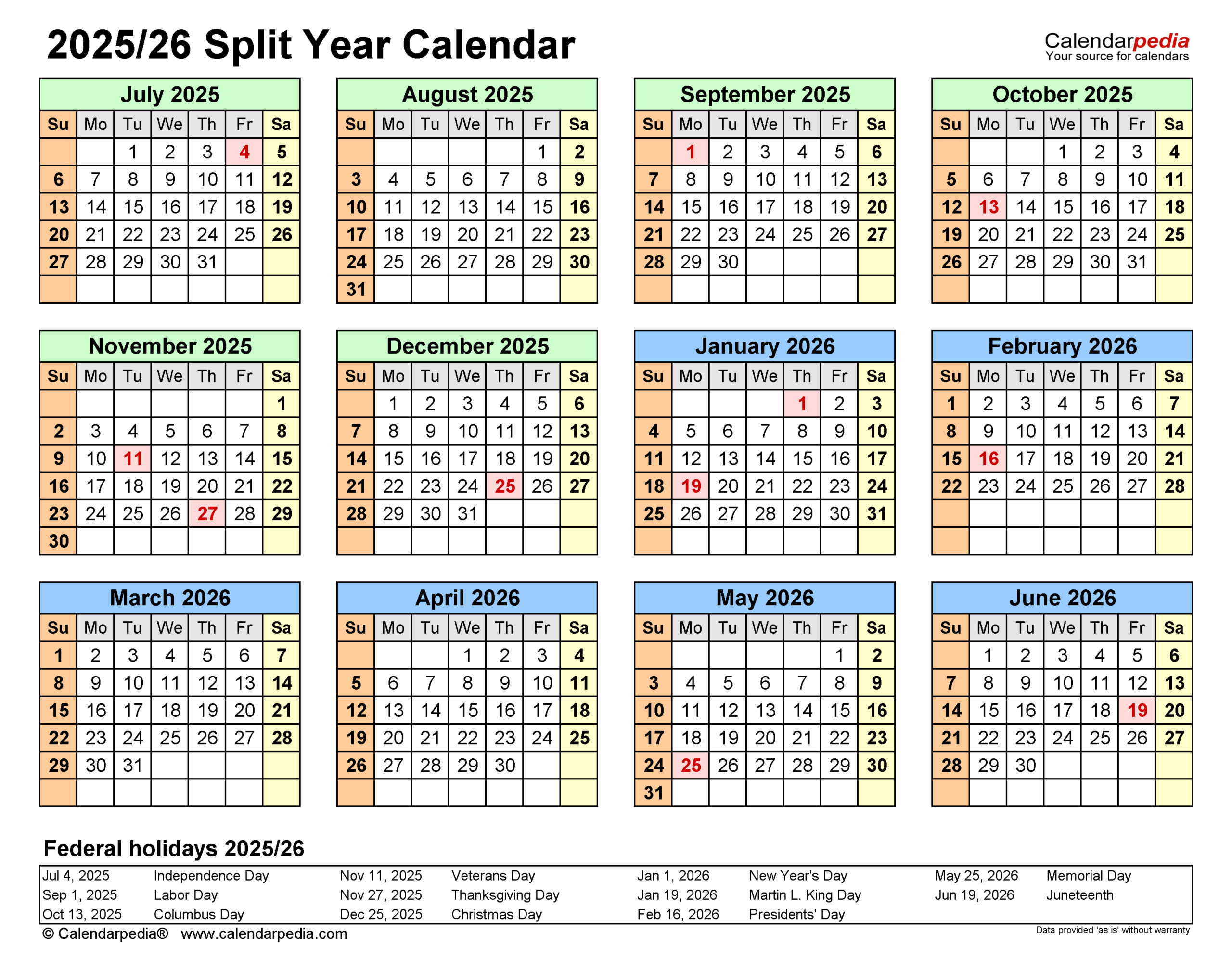 Split Year Calendars 2025 2026 July To June PDF Templates