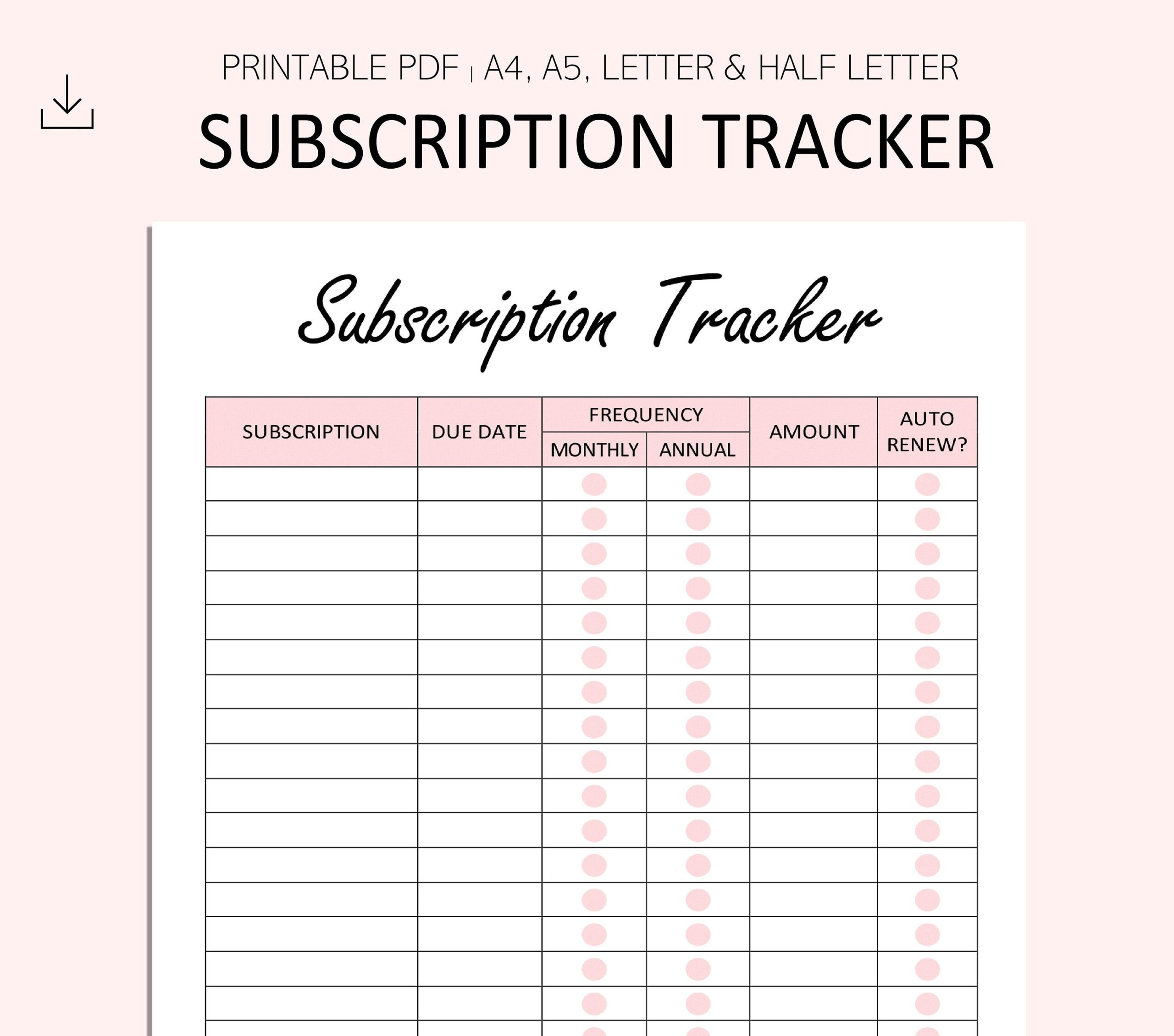 Subscription Tracker Printable Subscription Log Expense 