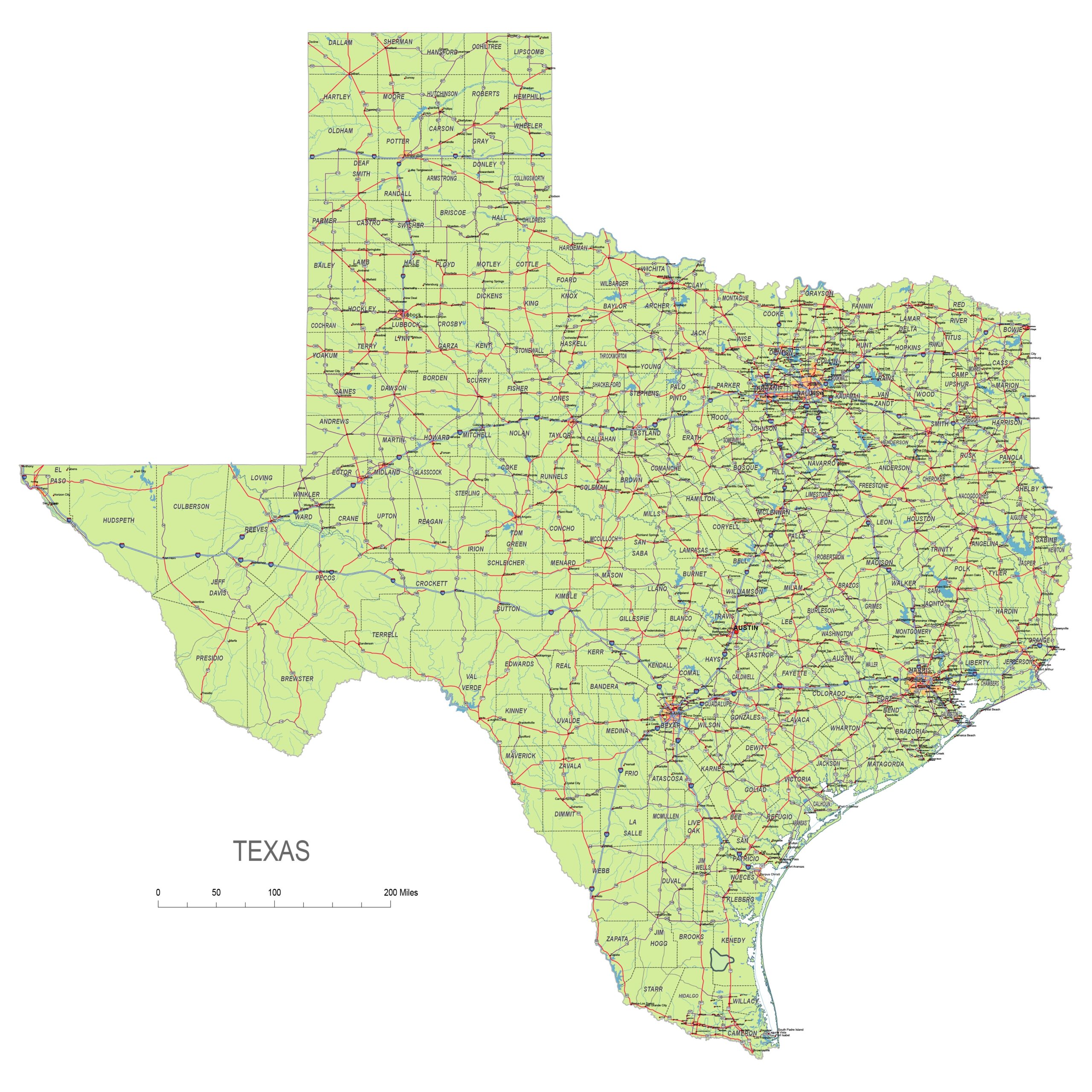 Texas State Vector Road Map Printable Vector Maps