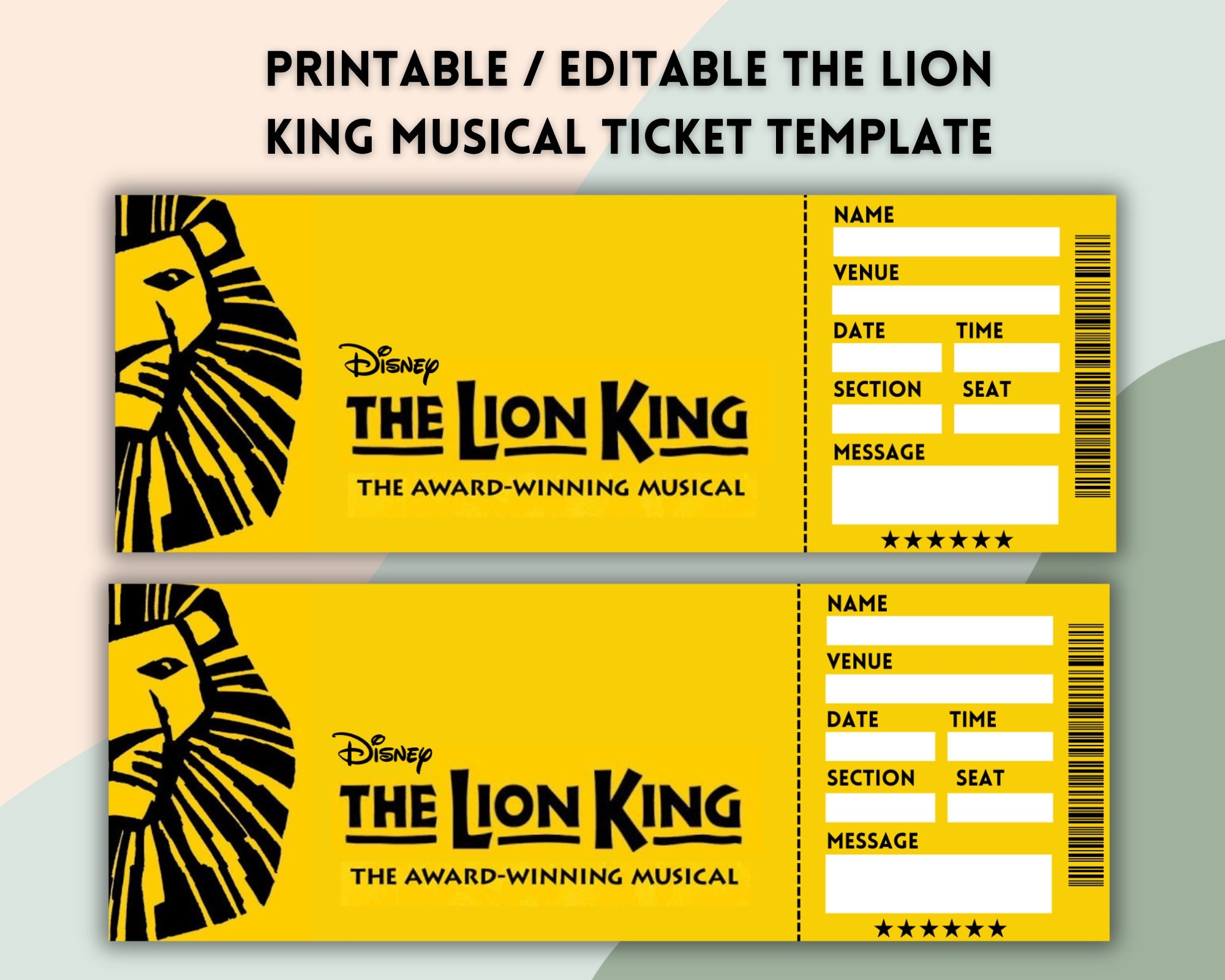The Lion King Broadway Surprise Ticket Template Musical Theatre Ticket faux Event Admission Souvenir Keepsake Concert Ticket Editable Pdf Etsy