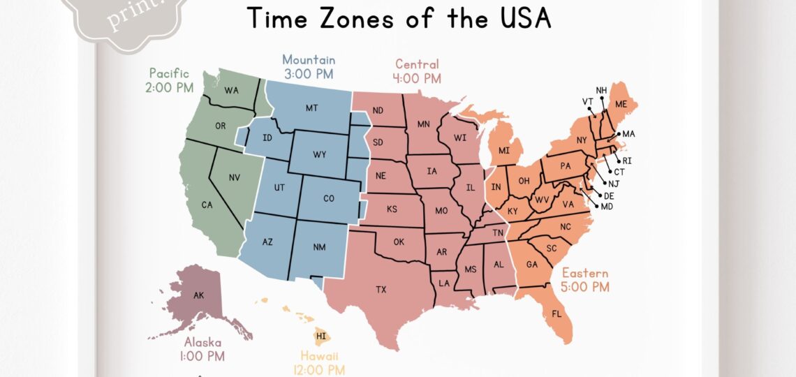 Time Zones Of The USA Map Educational Poster Printable Geography