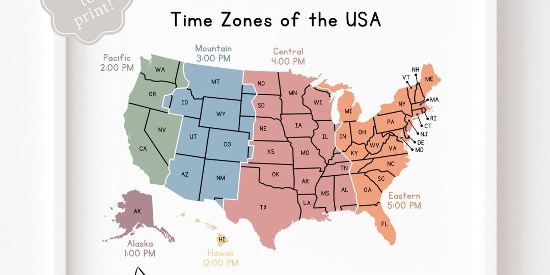 Time Zones Of The USA Map Educational Poster Printable Geography Classroom Wall Decor Montessori Homeschool Resource Time Zone United States Etsy