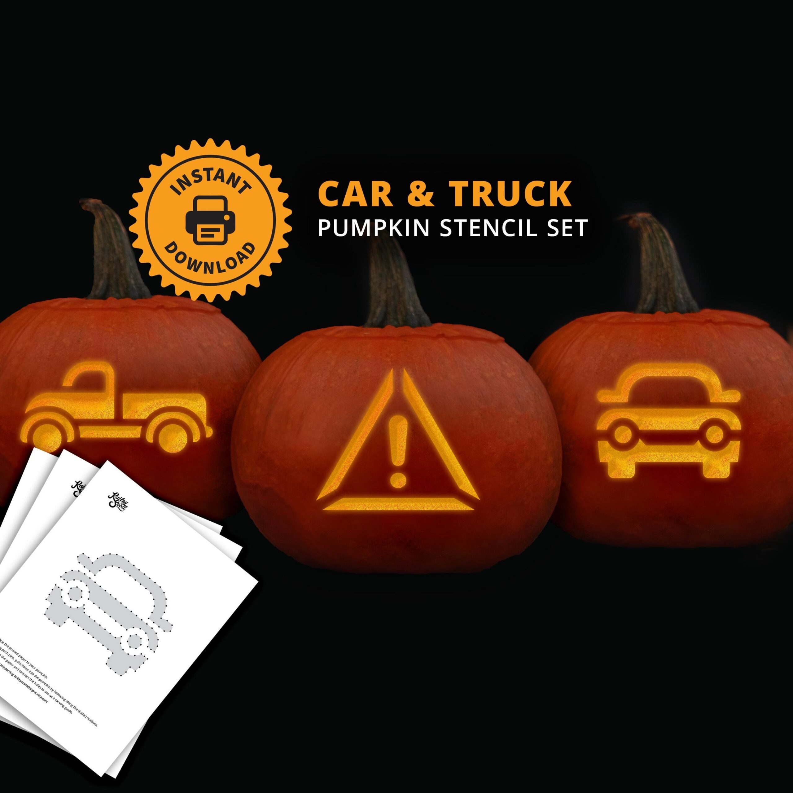 Transportation PRINTABLE Pumpkin Carving Stencil Set Car Truck And Caution Sign Jack o lantern Stencils Kid Halloween Craft Etsy