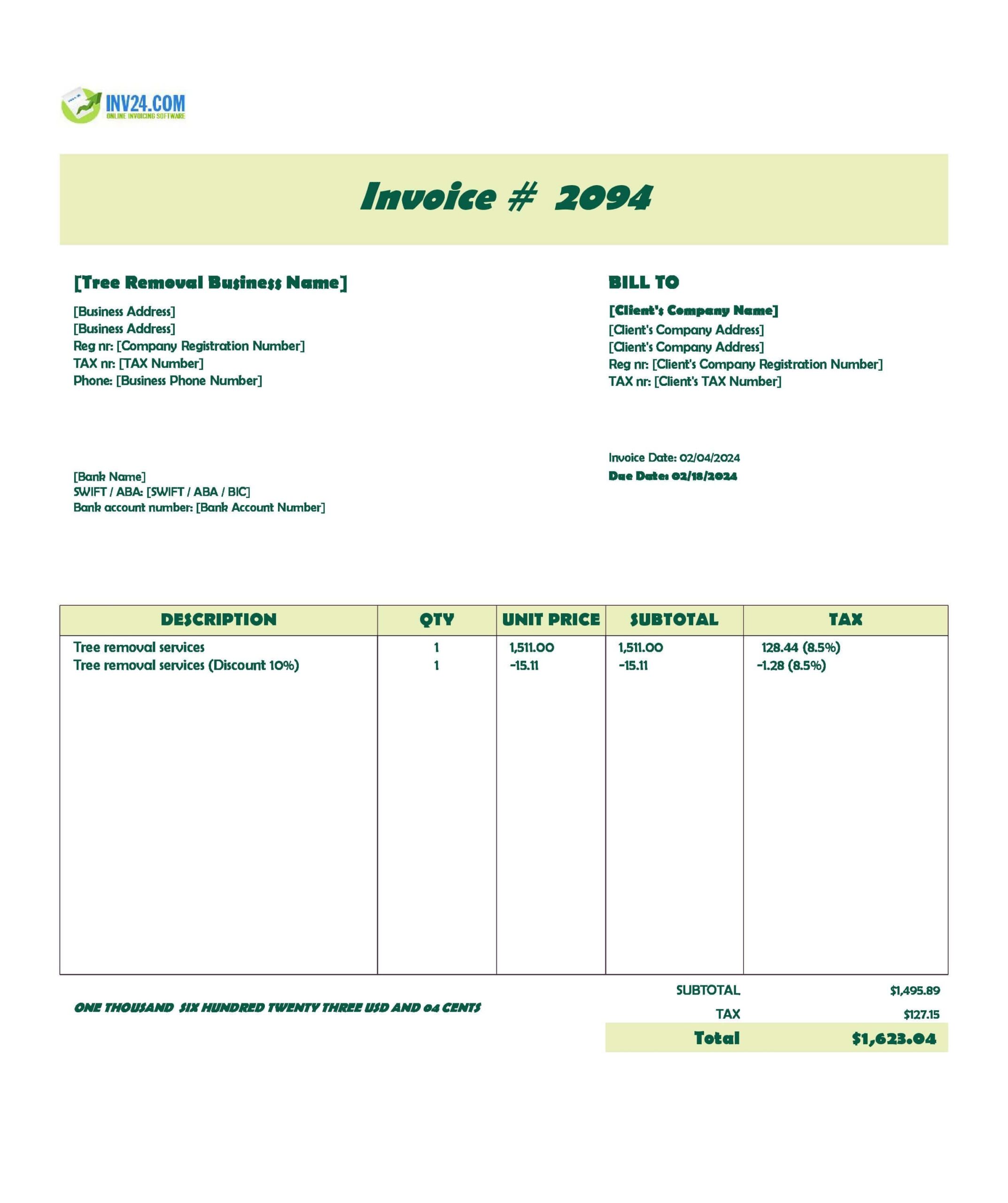 Tree Removal Service Invoice Template Excel Google Sheets Tree Removal Service Invoice Template Excel Google Sheets