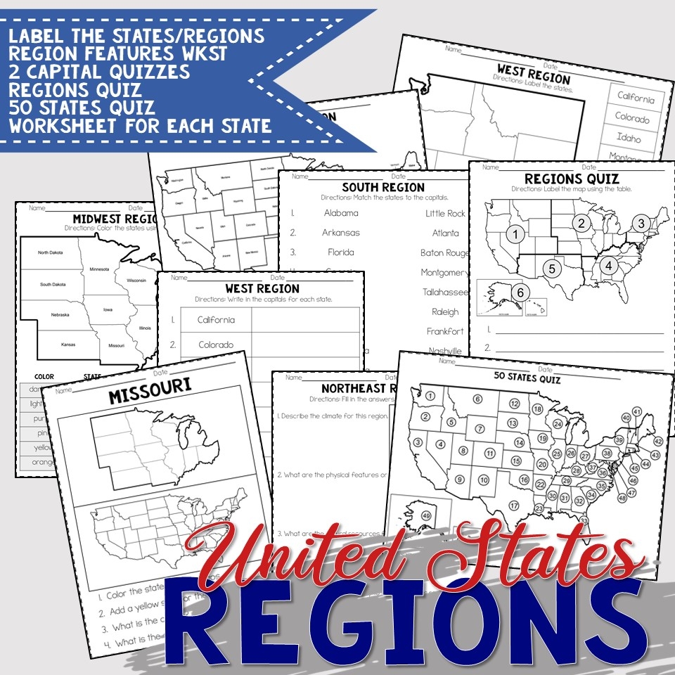 United States Regions Worksheets And Printables Homeschool Geography 4th 5th 6th Grade Calm U0026 Wave