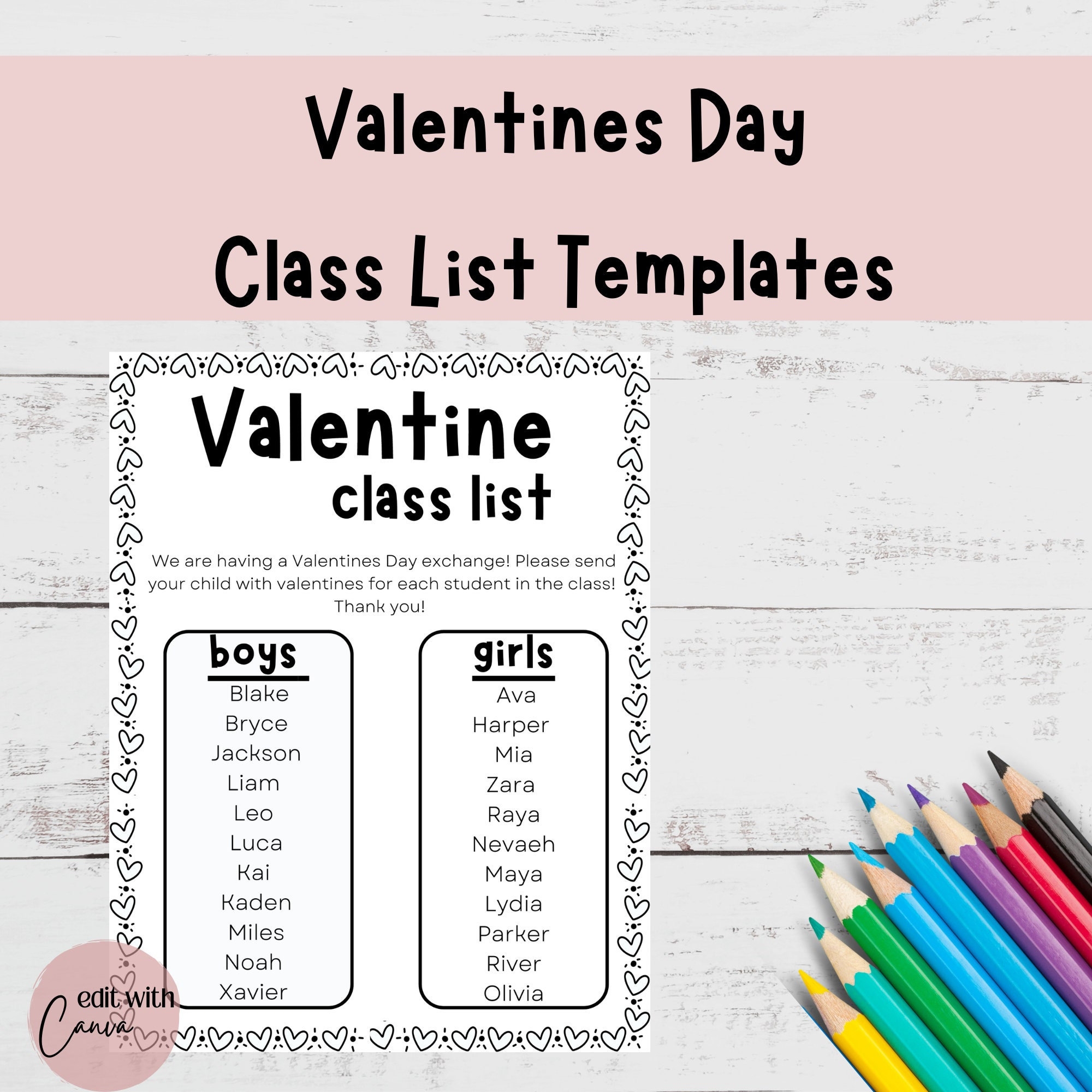 Valentine s Day Class List Template Editable Canva Template Instant Download Etsy