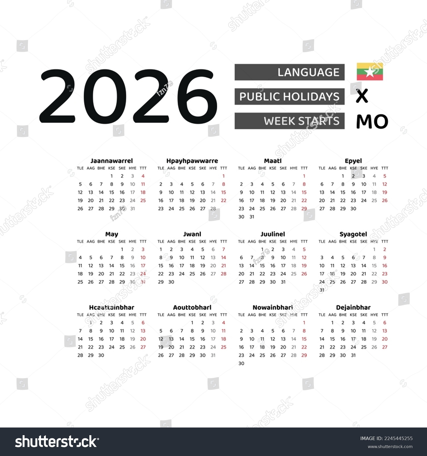 Vektor Stok Calendar 2026 Burmese Language Myanmar Public Tanpa Royalti 2245445255 Shutterstock Vektor Stok Calendar 2026 Burmese Language Myanmar Public Tanpa Royalti 2245445255 Shutterstock