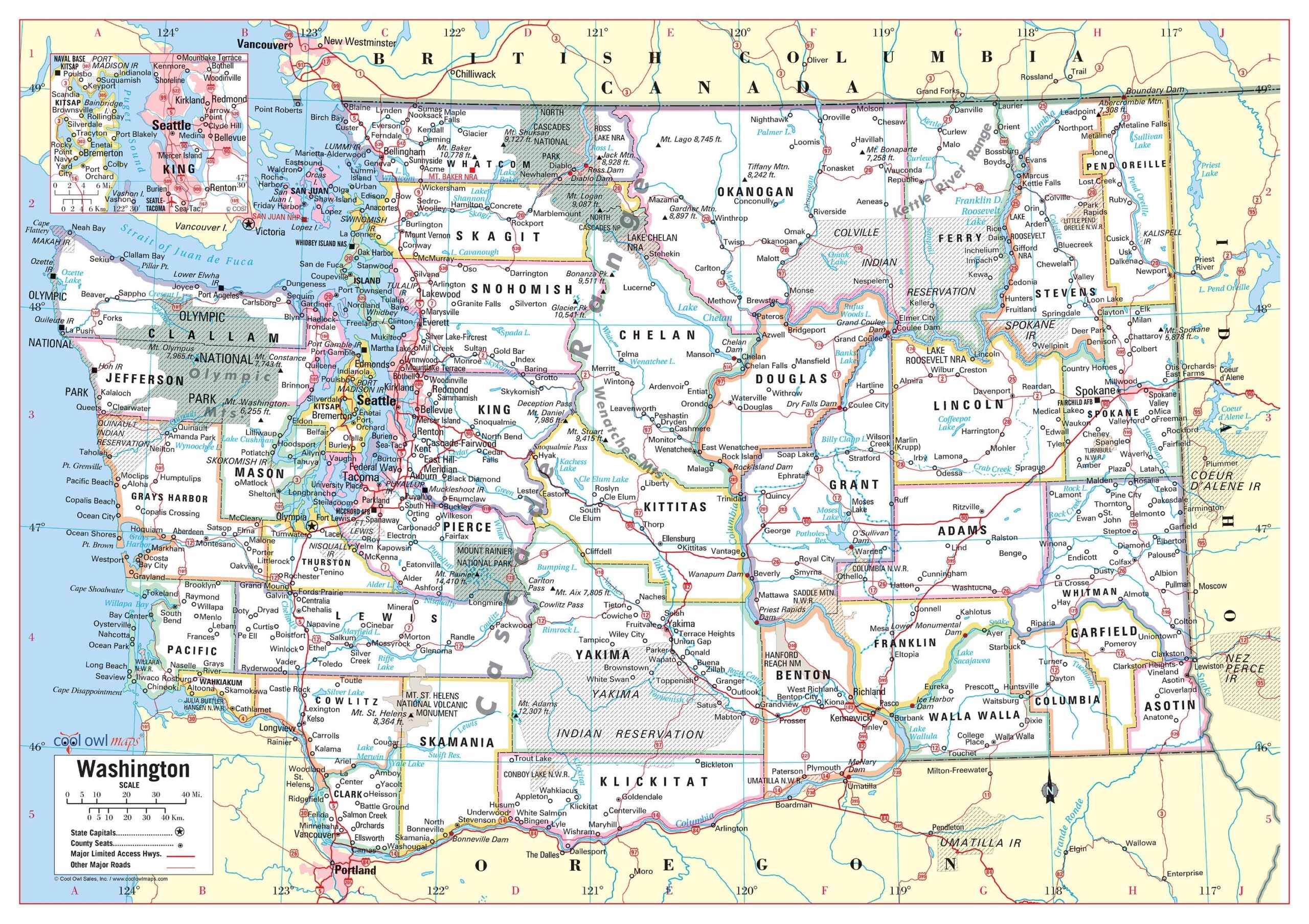 Washington State Wall Map Large Print Poster