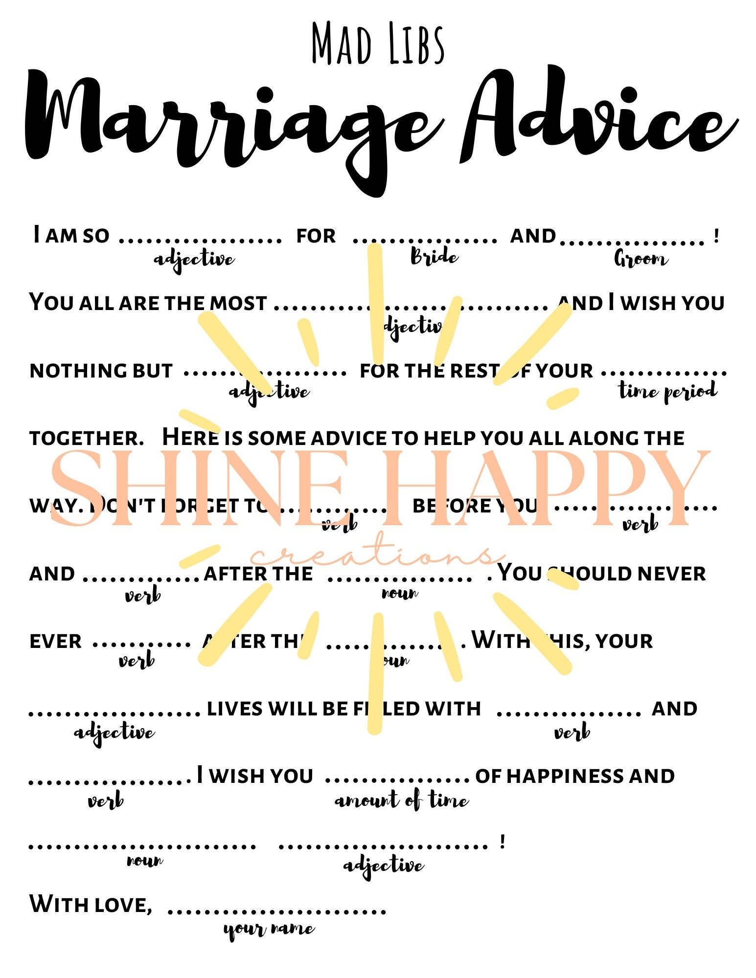 Wedding Guest Activity Mad Libs Marriage Advice Engagement 