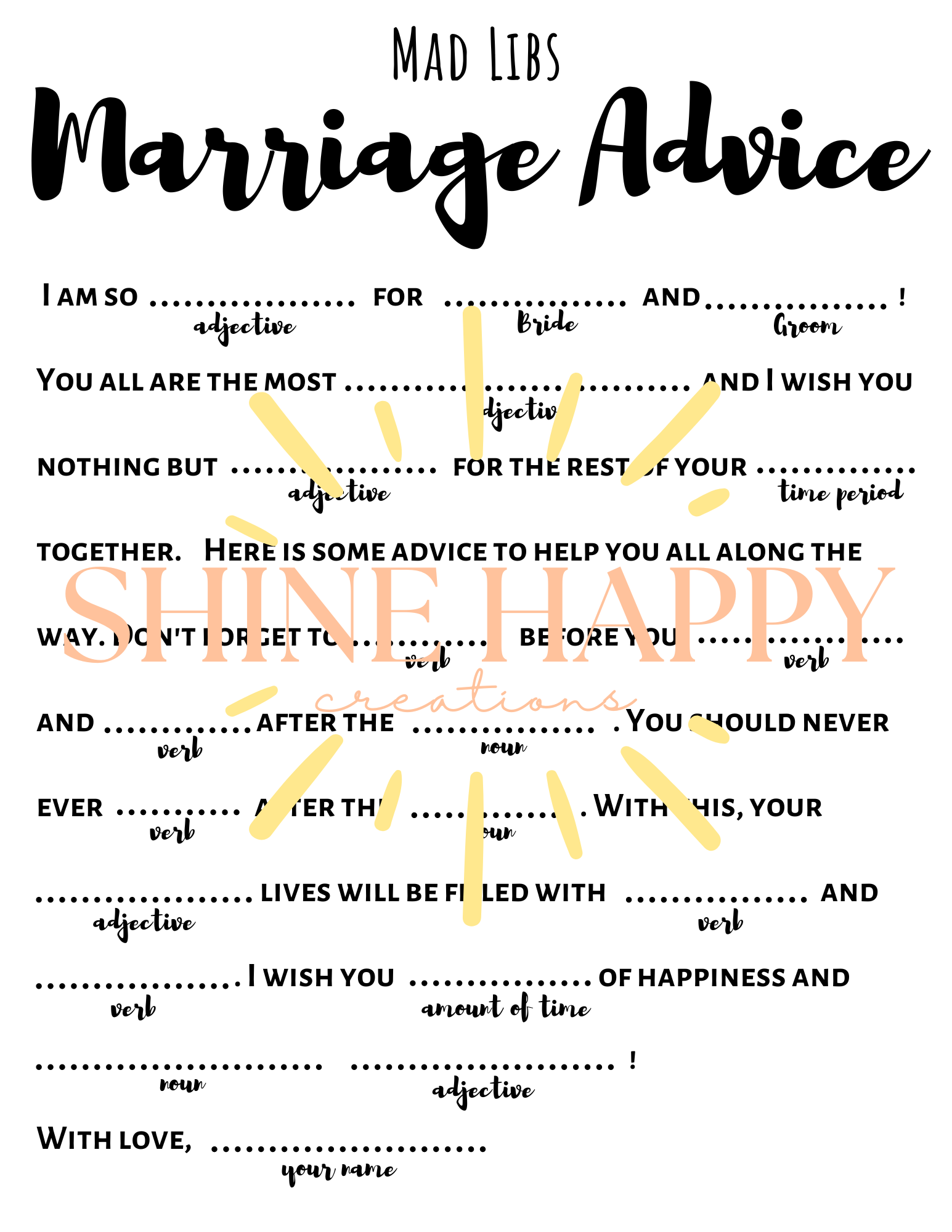 Wedding Guest Activity Mad Libs Marriage Advice Engagement 
