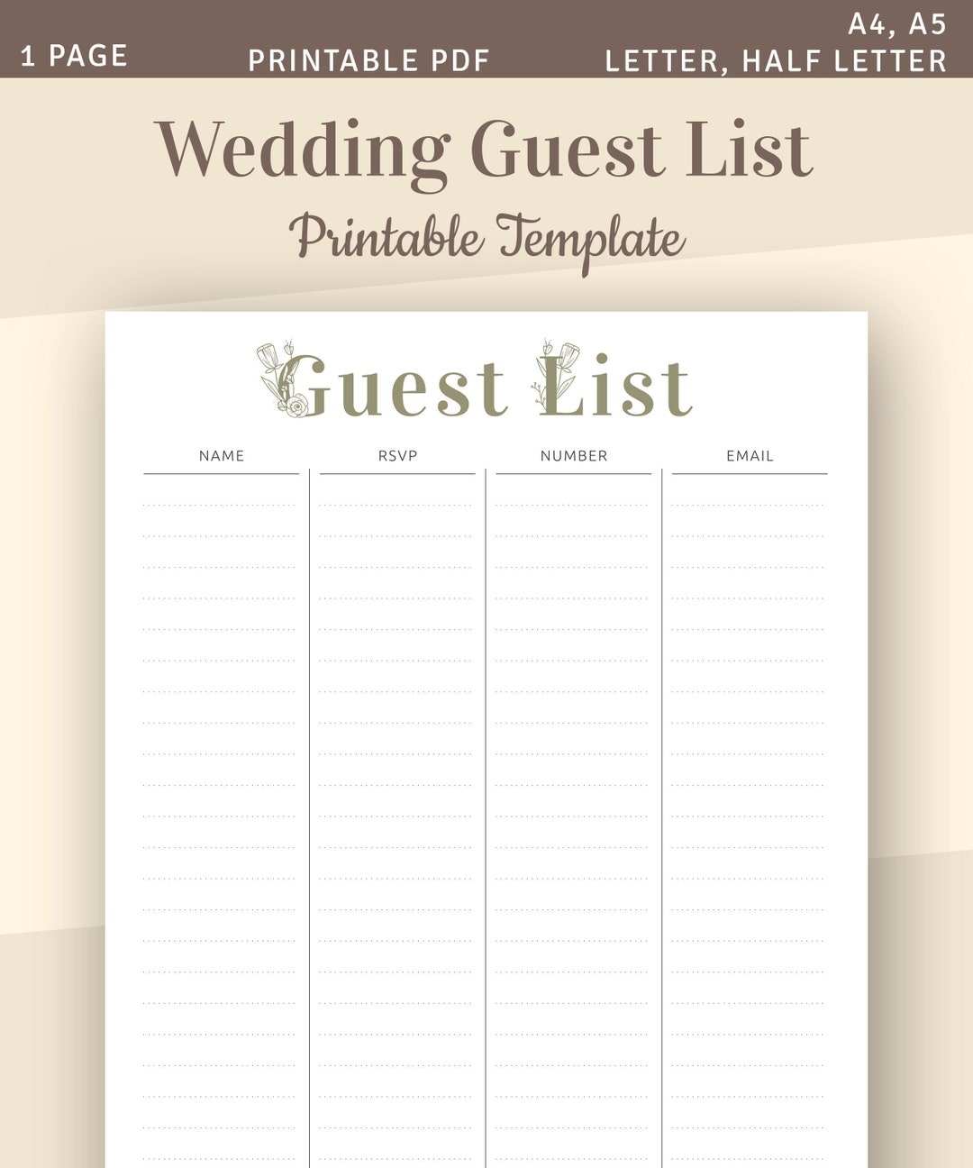 Wedding Guest List Printable Wedding Template Guest List Tracker Guest List Planner RSVP Tracker A4 A5 Letter Half Letter PDF Etsy
