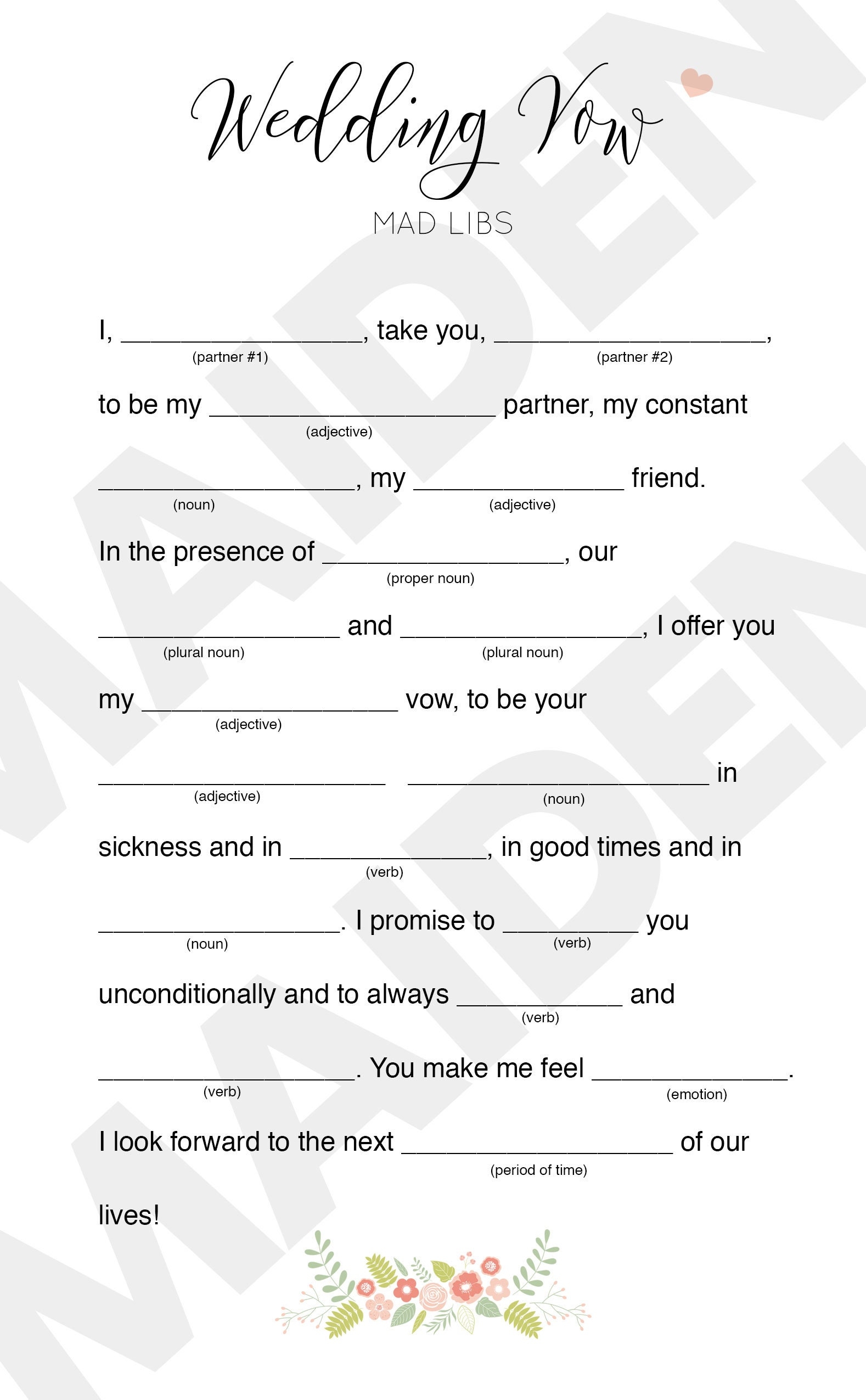 Wedding Vow Mad Libs Printable Digital File For Bridal Shower 