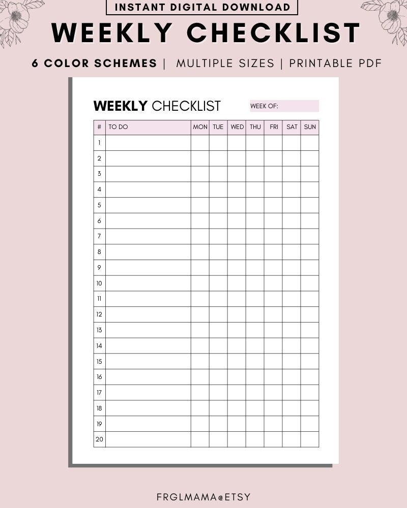Weekly Checklist Printable To Do List Template Weekly Checklist Printable To Do List Template Planner Inserts letter a4 Size Printable Etsy New Zealand