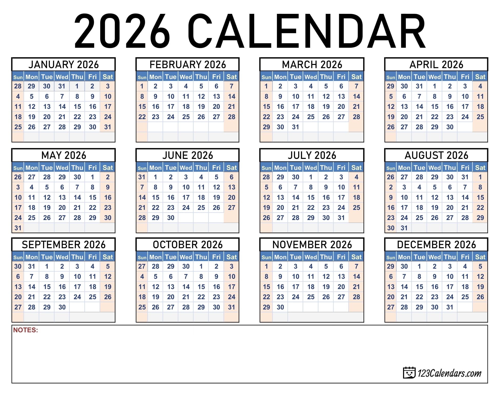 Year 2026 Calendar Templates 123Calendars