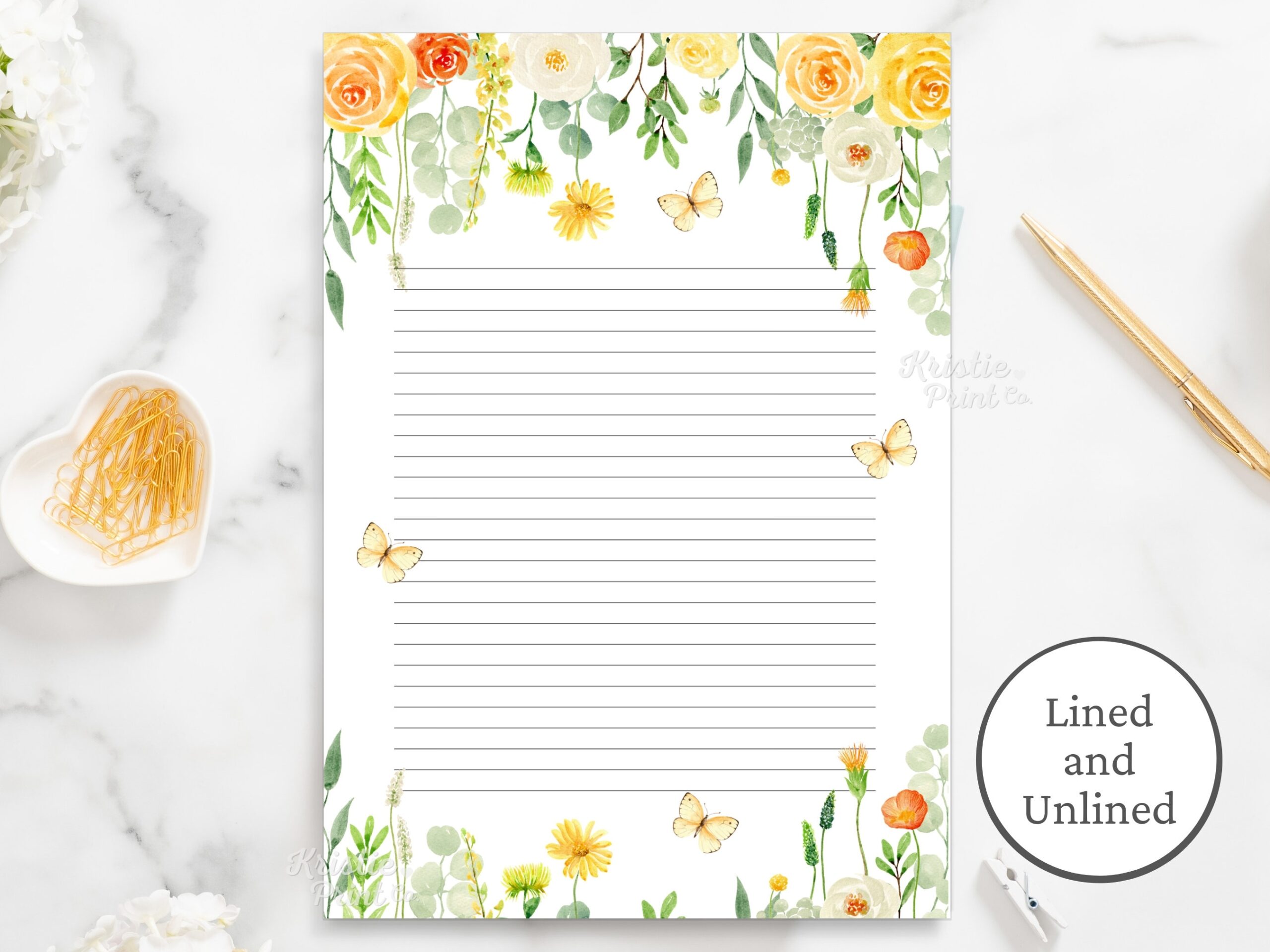 Yellow Floral Stationery Floral Printable Stationery Paper Floral Blank Paper And Lined Paper Border Stationery Watercolor Download Etsy